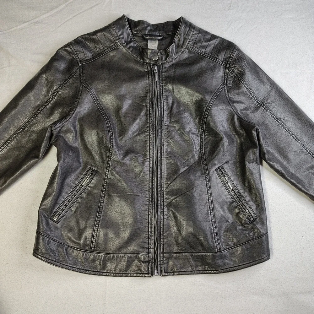 Cruel Womens Faux Leather Biker Jacket Metallic Black Leopard Lining XL - Picture 3 of 15
